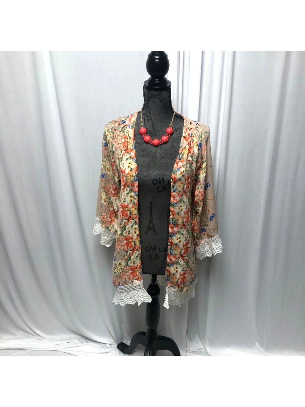 Cardigan Cover Up Womens Size Medium Floral Open Front Lace Semi Sheer Kimono